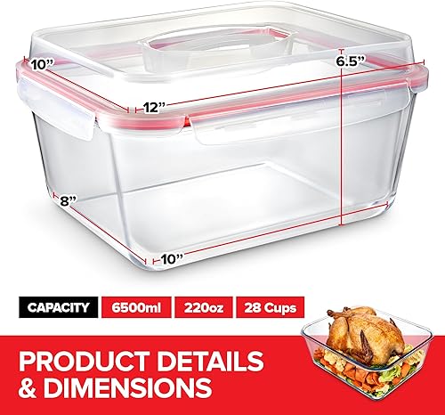 Miniatura 2 de Stock Your Home Recipiente rectangular extragrande de vidrio para almacenar alimentos con tapa, estilo moderno, hermético, a prueba de fugas,