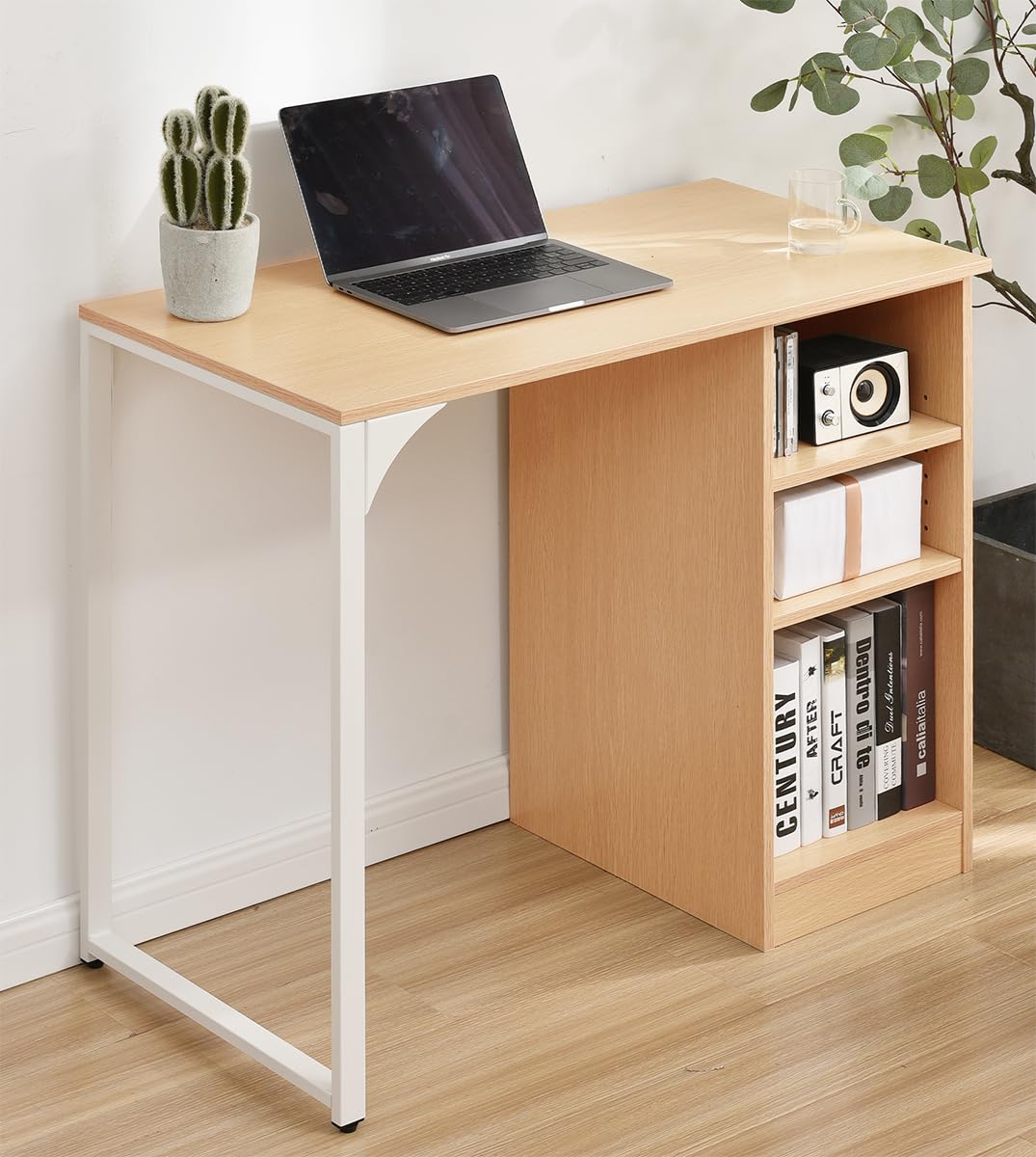 Amazon | Bennbari パソコンデスク 3段シェルフ付 オフィスデスク 木製