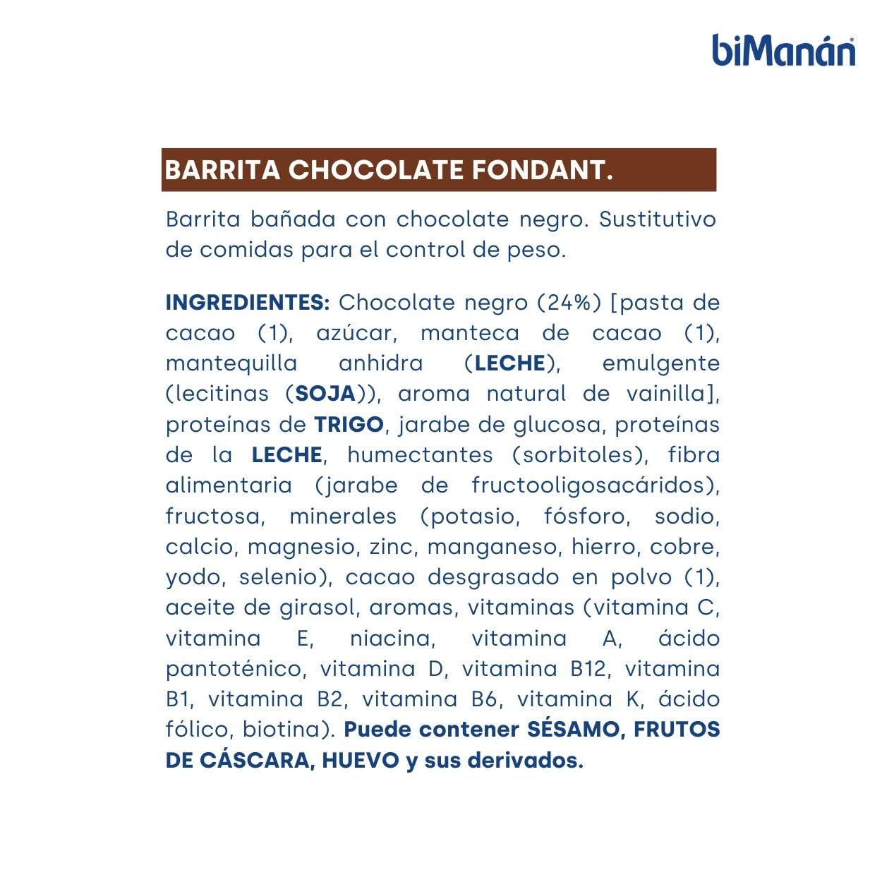 BIMANÁN - Barritas Chocolate Fondant - Sustitutivos de Comida para Adelgazar - 2 Barritas Equivalen a una Comida y Proporcionan 238 Calorías - Ricas en Fibra - Caja de 10 Unidades