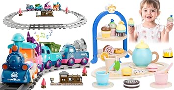 Lipneaed Toys for Ages 3+, Train Set for Toddlers with Tracks & Wooden Tea Party Set Educational Pretend Play Toys for Toddlers Kids Ages 3-8, for Boys & Girls [2-in-1 Kids Toy Bundle]