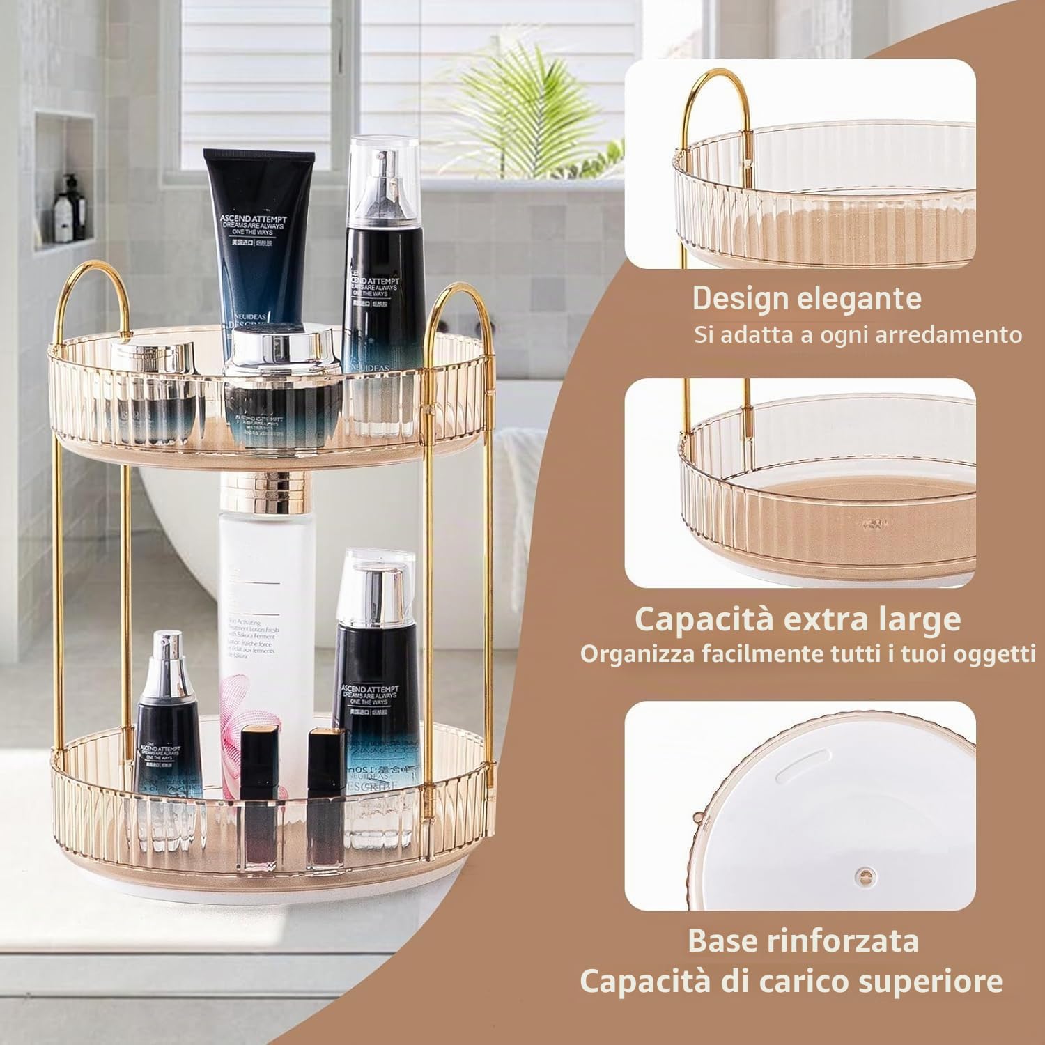 Organizzatore di Trucco Rotante a 360°, Organizzatore di Cosmetici ad Grande Capacità, Organizzatore di Profumi, Organizzatore Della Cura Della Pelle per Bagno (2 Strati, Ambra)