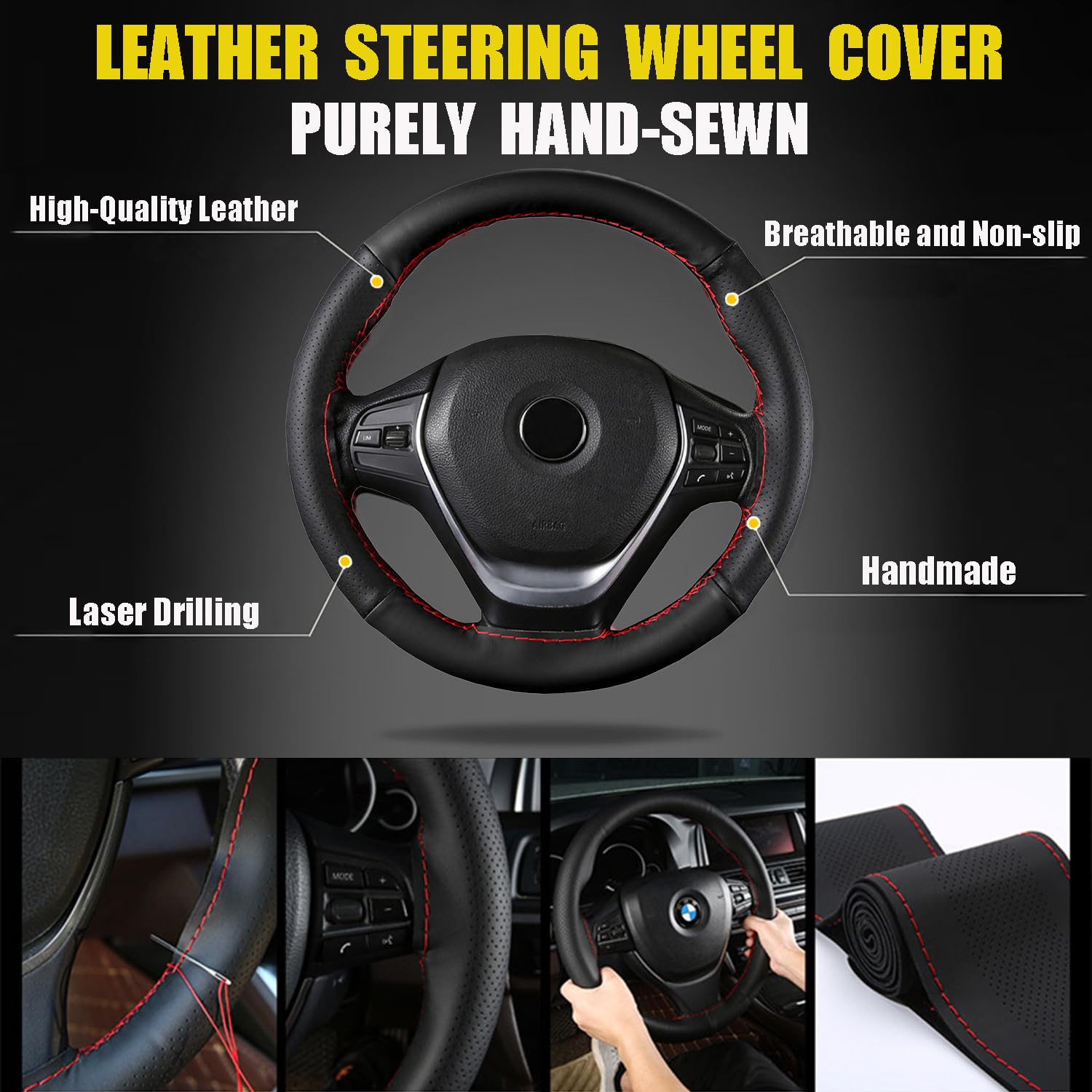 Echtes Leder Lenkradbezug, Lenkradbezug Zum Nähen, Lenkradbezug Leder Universal Passform 37-39 cm Autolenkräder, Zweifarbiger Lenkradbezug aus Leder (Rote Linie, Schwarz)