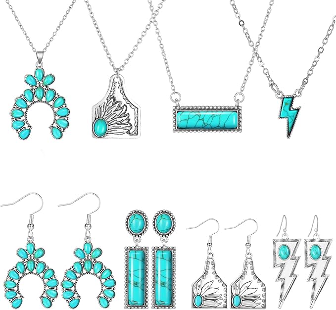 Nosiny  | Juego de 8 piezas de joyería turquesa para mujer, collares y arete occidentales, collar de herradura y etiqueta de vaca, aretes y colgante bohemio estilo clásico para mujer, turquesa y