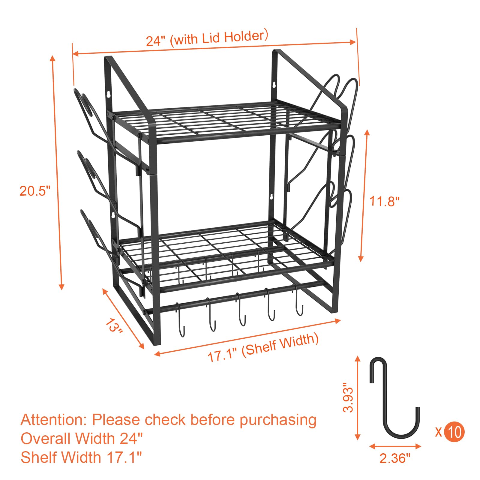 VyGrow Estante para ollas de 24 pulgadas, organizador de ollas y sartenes de 2 niveles con 10 ganchos y 6 soportes para tapas de ollas, colgador de acero resistente para ollas y sartenes para