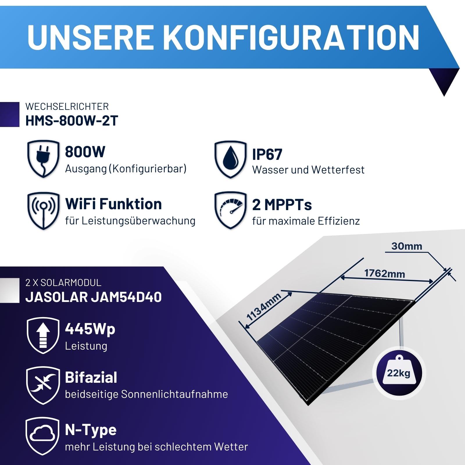 Balkonkraftwerk Komplettset I 890Wp Solarmodul, Hoymiles HMS-800W-2T Wechselrichter, flache 0° Balkonmontage & 10m Kabel I Bifaziale Solaranlage für 20% mehr Stromgewinnung von Zuhause