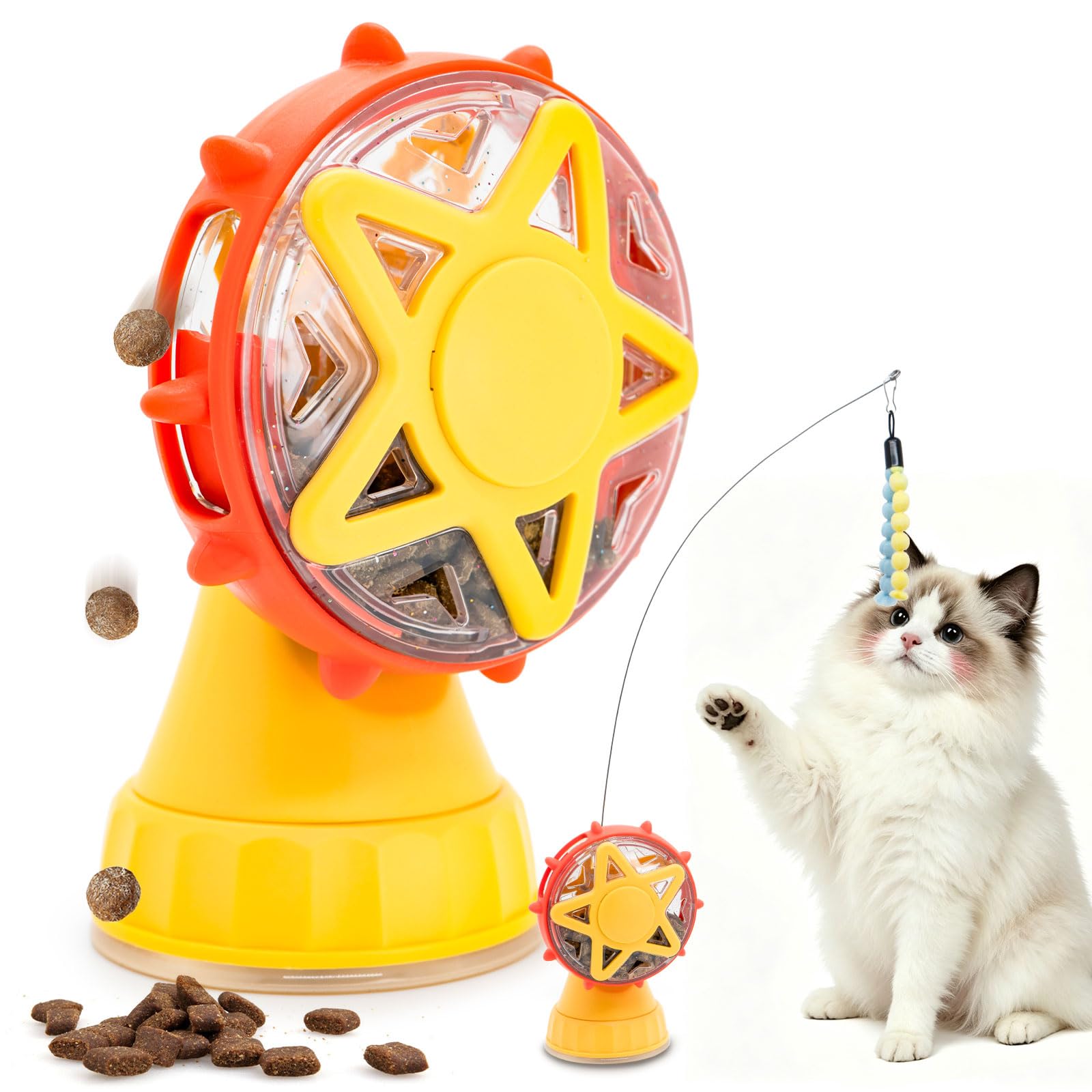 LumoLeaf Interactive Cat Toy for Indoor Cats, Treat Dispensing Puzzle with Adjustable Opening, Suction Cup Base and Teaser Wand, Yellow