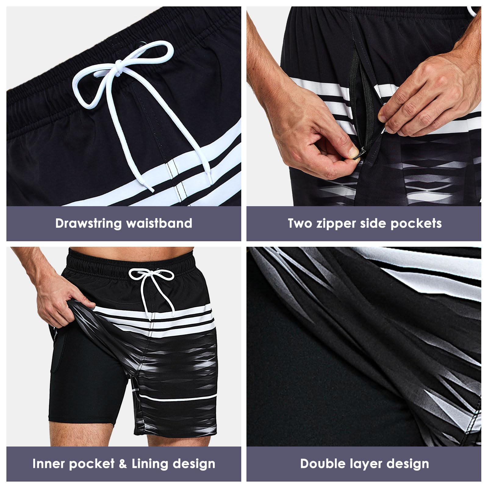 Costume da Bagno Uomo, 2 in 1 Pantaloncini da Bagno Compressione Fodera in Rete, Calzoncini da Spiaggia Asciugatura Rapida Traspirante con Tasche e Coulisse Pantalone Corto Mare Surf