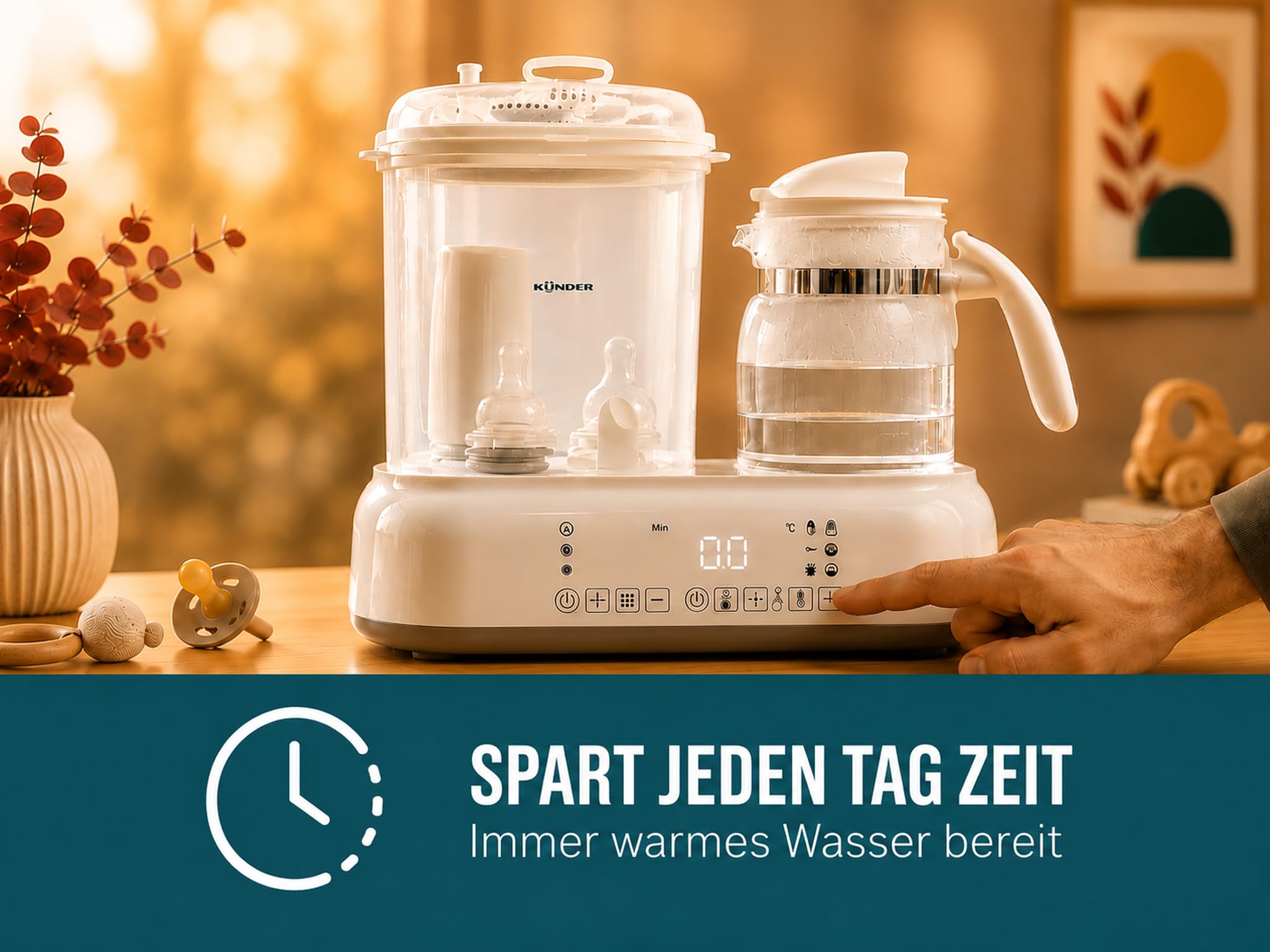 Babyflaschen Sterilisator mit integriertem 1,2 L Glas-Wasserkocher | Sterilisieren, Trocknen und Erwärmen in einem Gerät