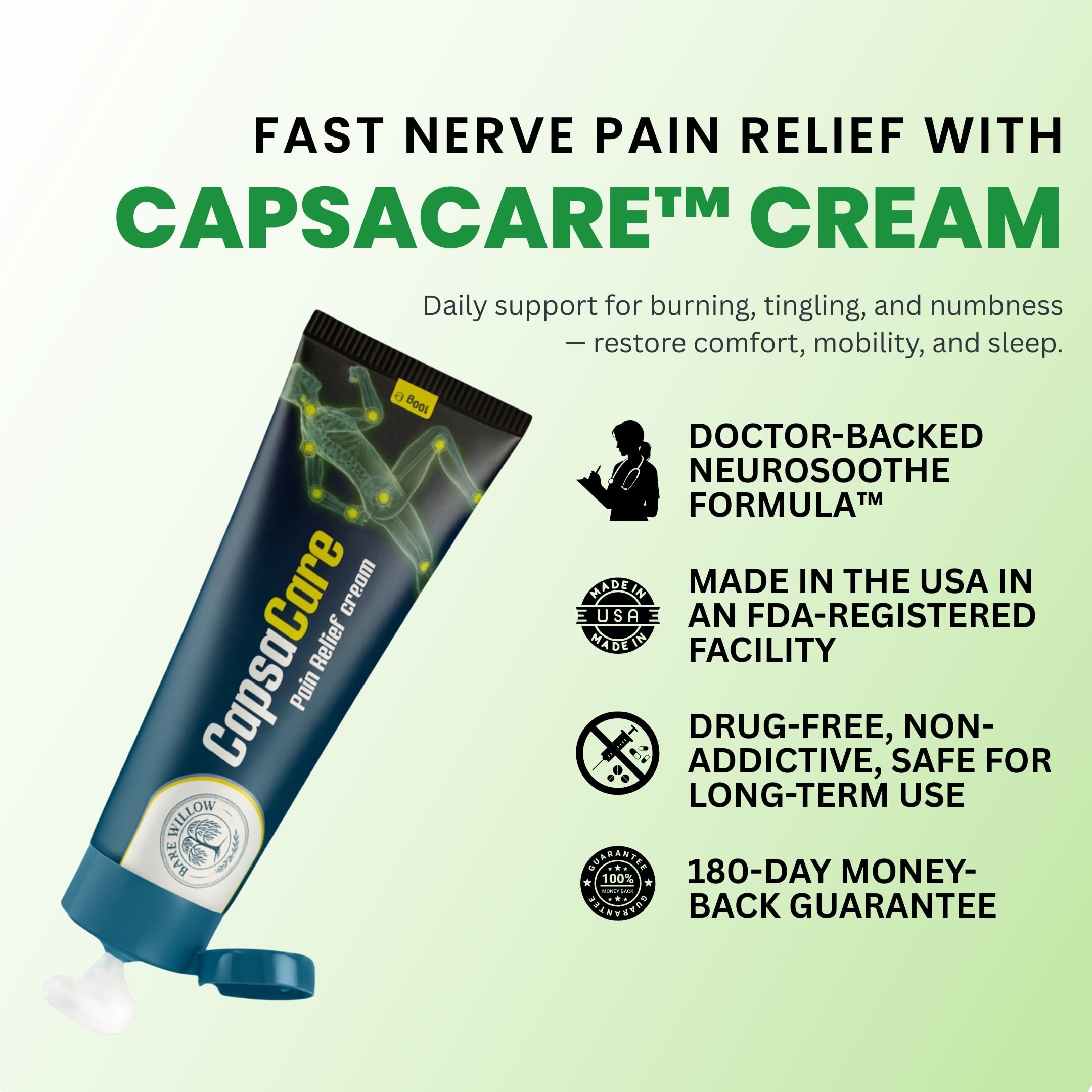 CapsaCare Cream with Capsaicin 0.125% & Magnesium, NeuroSoothe Blend with Arnica, Glucosamine, Menthol & Aloe, Fragrance Free, Non Greasy, Hydrating Topical Skin Cream for Men and Women, 100g (1 Pack) — view 6