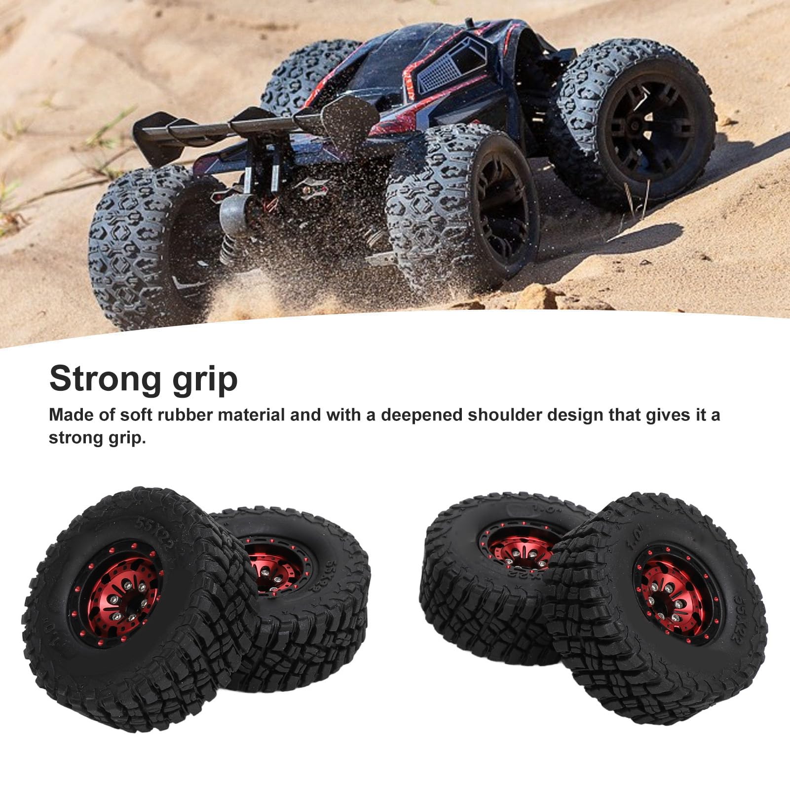 POENVFPO Pneumatici RC, Cerchi in Lega di Alluminio con Battistrada in Gomma Ad Alta Aderenza, Offset Negativo, per Modellini Crawler in Scala 1/18 e 1/24. (rosso)