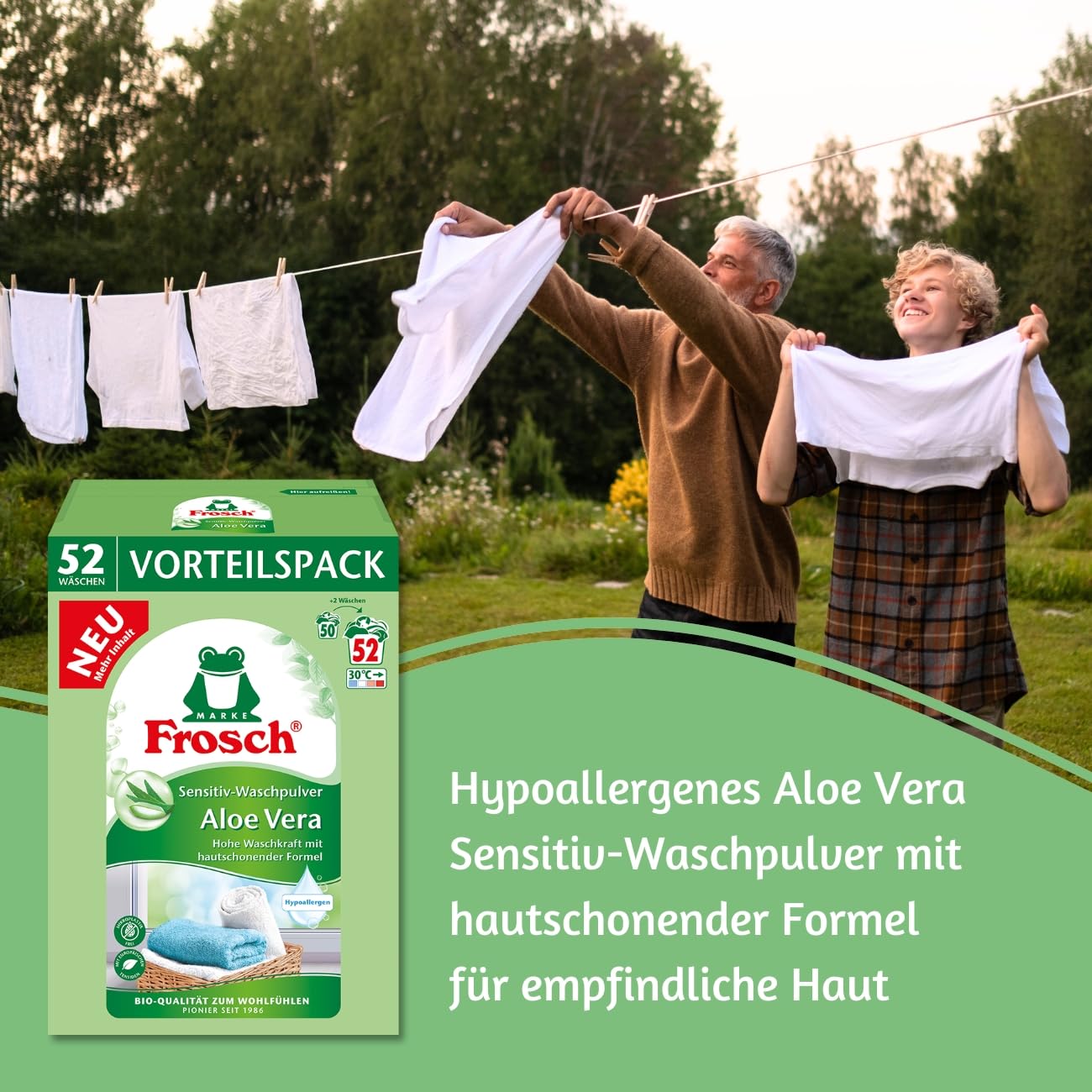 Frosch Sensitiv-Waschpulver Aloe Vera Doppelpack hohe Waschkraft mit  hautschonenender Formel Vorteilspack mit 104 Waschladungen fr einen  angenehmen Aloe Vera Duft bei weien und farbigen Textilien : Amazon.de:  Drogerie & Krperpflege