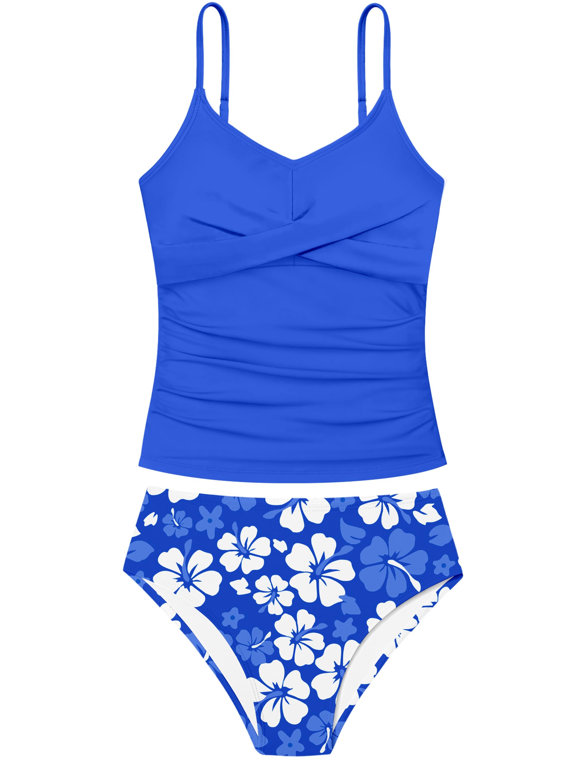 Girls Swimsuit 2 Piece Bathing Suit Criss Cross Ruched Girl Tankini Sets Printed Girls' Swimwear for 9-18 Years