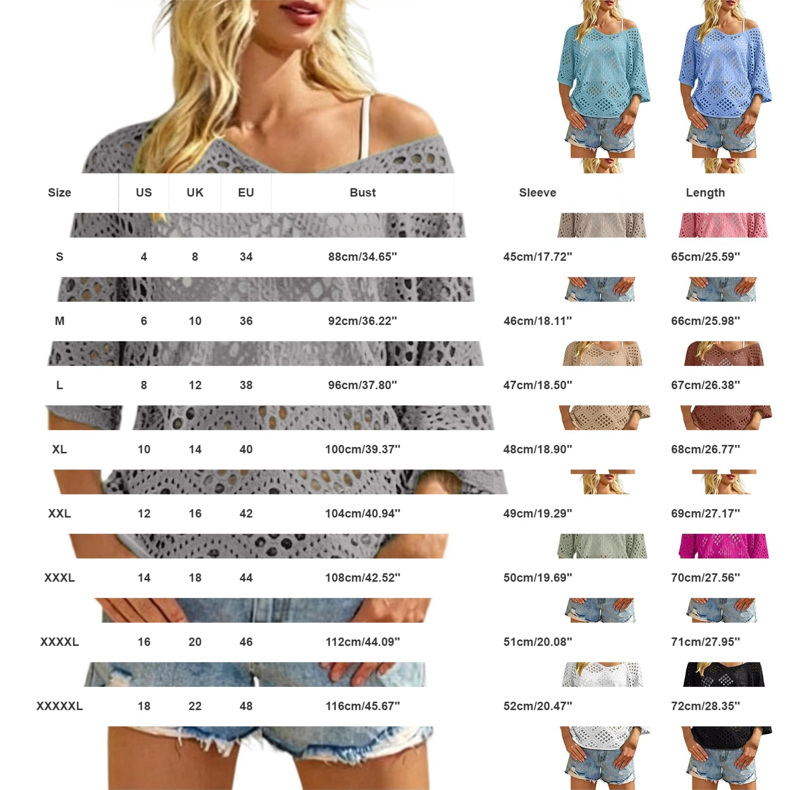 Top da donna con maniche a 3/4, scollo a V, lavorato a maglia, stile boho, vestibilità larga, da spiaggia, per vacanze estive, abbigliamento casual