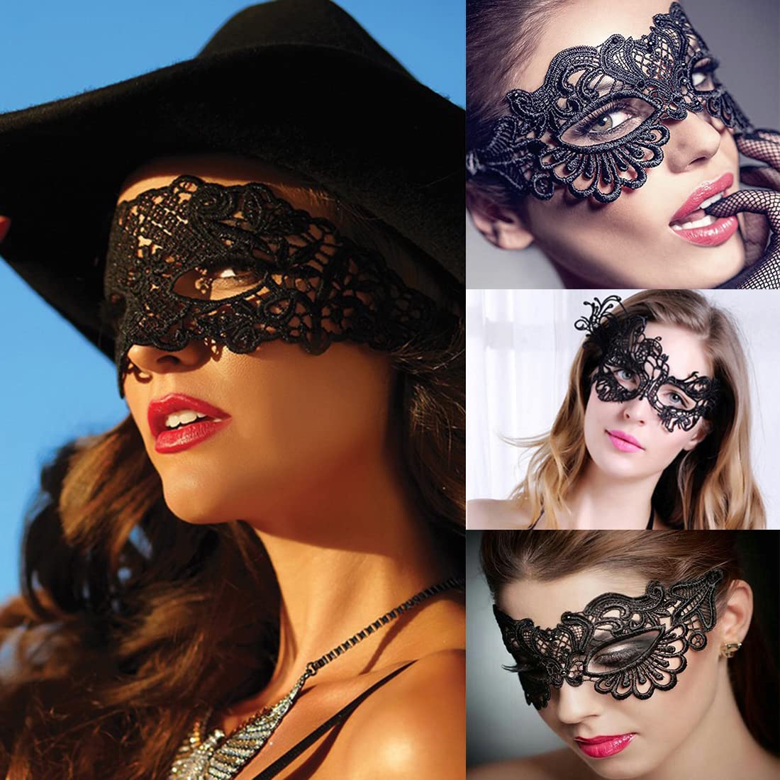 RUSTAMM 4 Sets Black Lace Eye Mask for Women Lady Masquerade Halloween Christmas Thememed Party Cosplay Decoration Accessories Supplies