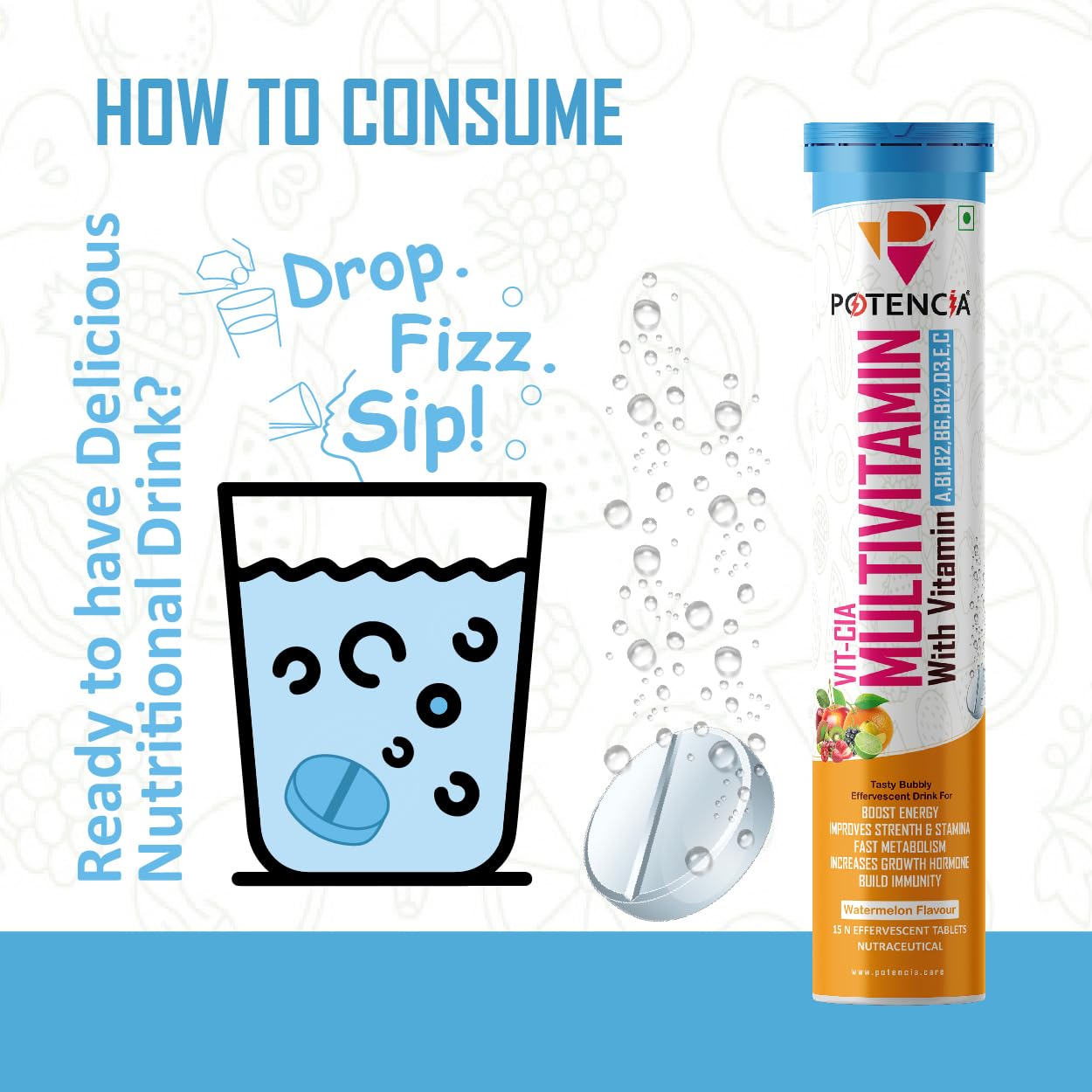 Potencia Multivitamin Fizzy Tablets – Watermelon Flavor | Boost Energy, Stamina & Immunity | Daily Essential Vitamins & Minerals for Metabolism, Muscle Recovery & Overall Wellness Pack of 3, 45 Tablets Potencia Multivitamin Fizzy Tablets – Watermelon Flavor | Boost Energy, Stamina & Immunity | Daily Essential Vitamins & Minerals for Metabolism, Muscle Recovery & Overall Wellness Pack of 3, 45 Tablets