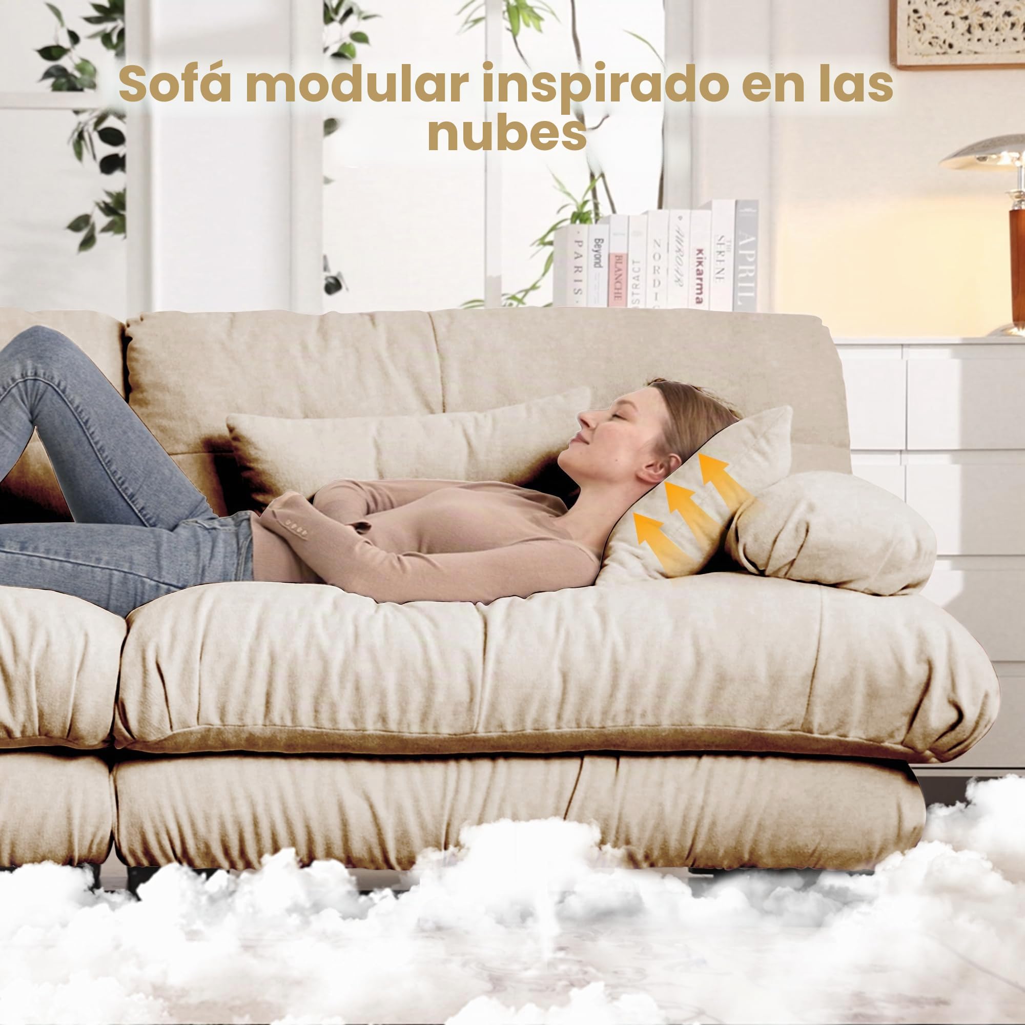 Sofá esquinero convertible moderno de 313 cm, sofá grande convertible de 3 plazas con puf para salón, sofá modular profundo con estructura de madera maciza y revestimiento de chenilla, café claro