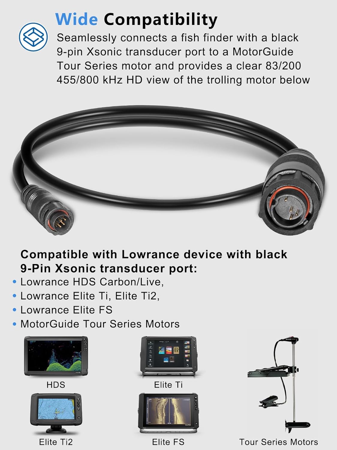 Replacement for 8M4004174 Sonar Adapter Cable - 9 Pin HD+, Compatible with Lowrance HDS Carbon/Live, Elite Ti, Ti2, FS Units with Black 9-Pin Xsonic Transducer Port