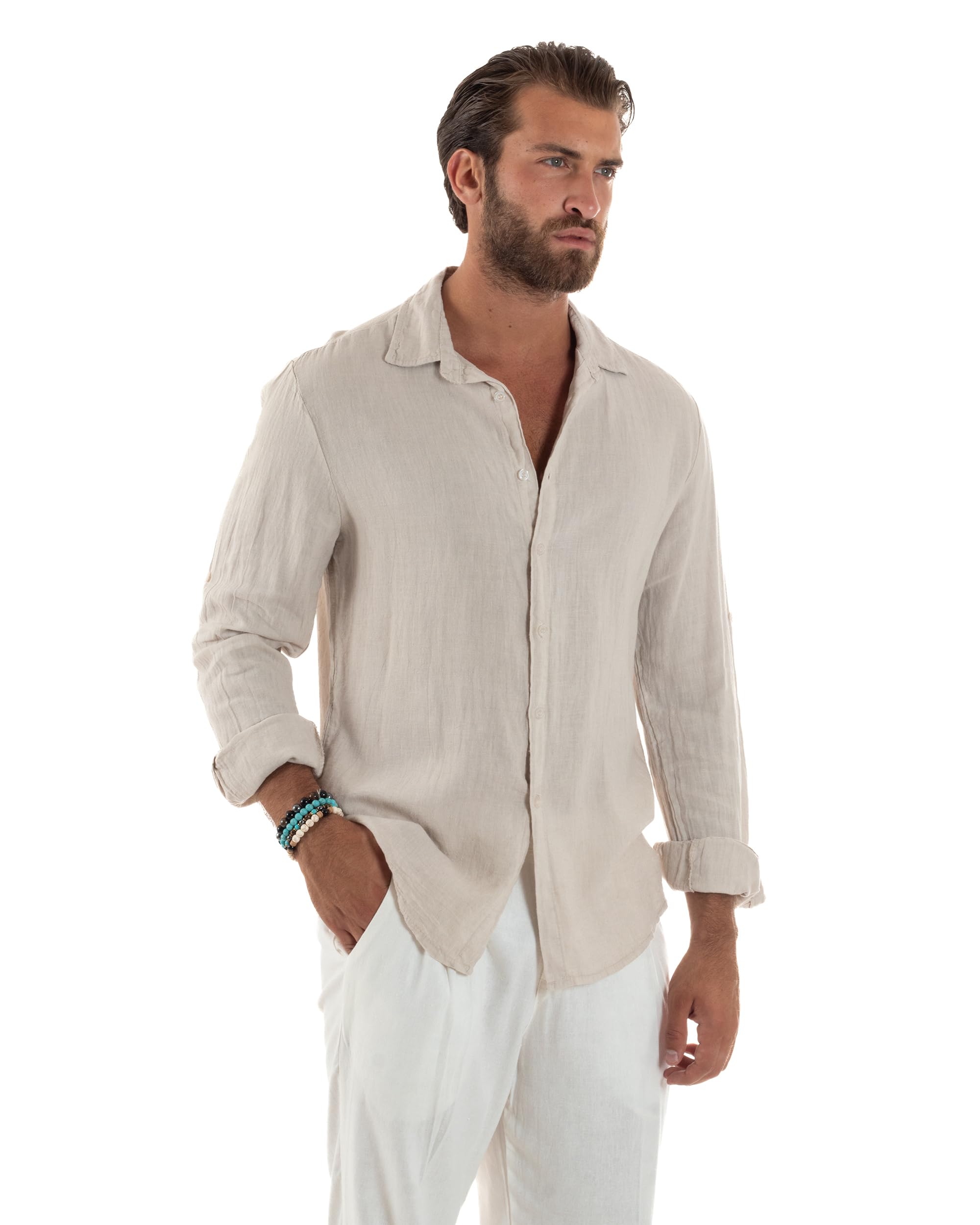 Camicia Uomo Lino Colletto Maniche Lunghe Casual Regular Fit Basic Tinta Unita Vari Colori