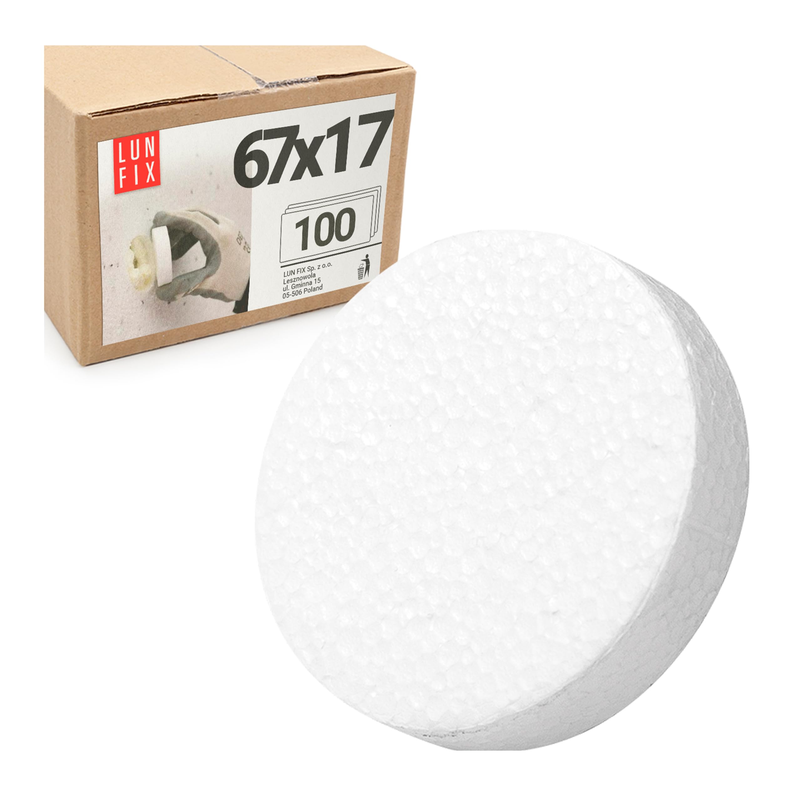 100 tapones de poliestireno expandido (EPS), diámetro de 67 x 17 mm, color blanco, para tacos aislantes, aislamiento en WDVS, apto para fresadoras, discos de poliestireno