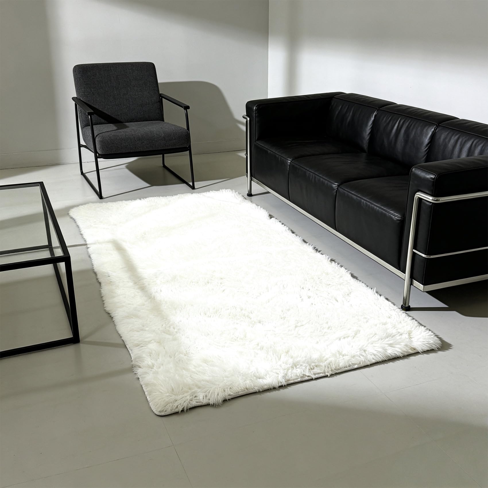 Tapis chambre 139x160 cm blanc en poils longs chic pour votre salon
