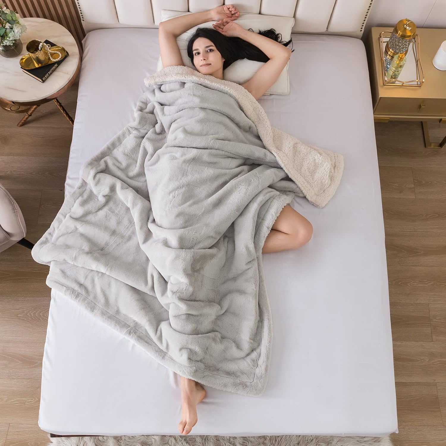 COTTEBED Warm Sherpa Flannel Bedding Throw Blankets for Twin Bed,Reversible Ultra Plush 580GSM,Soft Comfy Fluffy,Winter Fleece Blanket Chair Sofa Couch Living Room (Light Grey,66"x90")