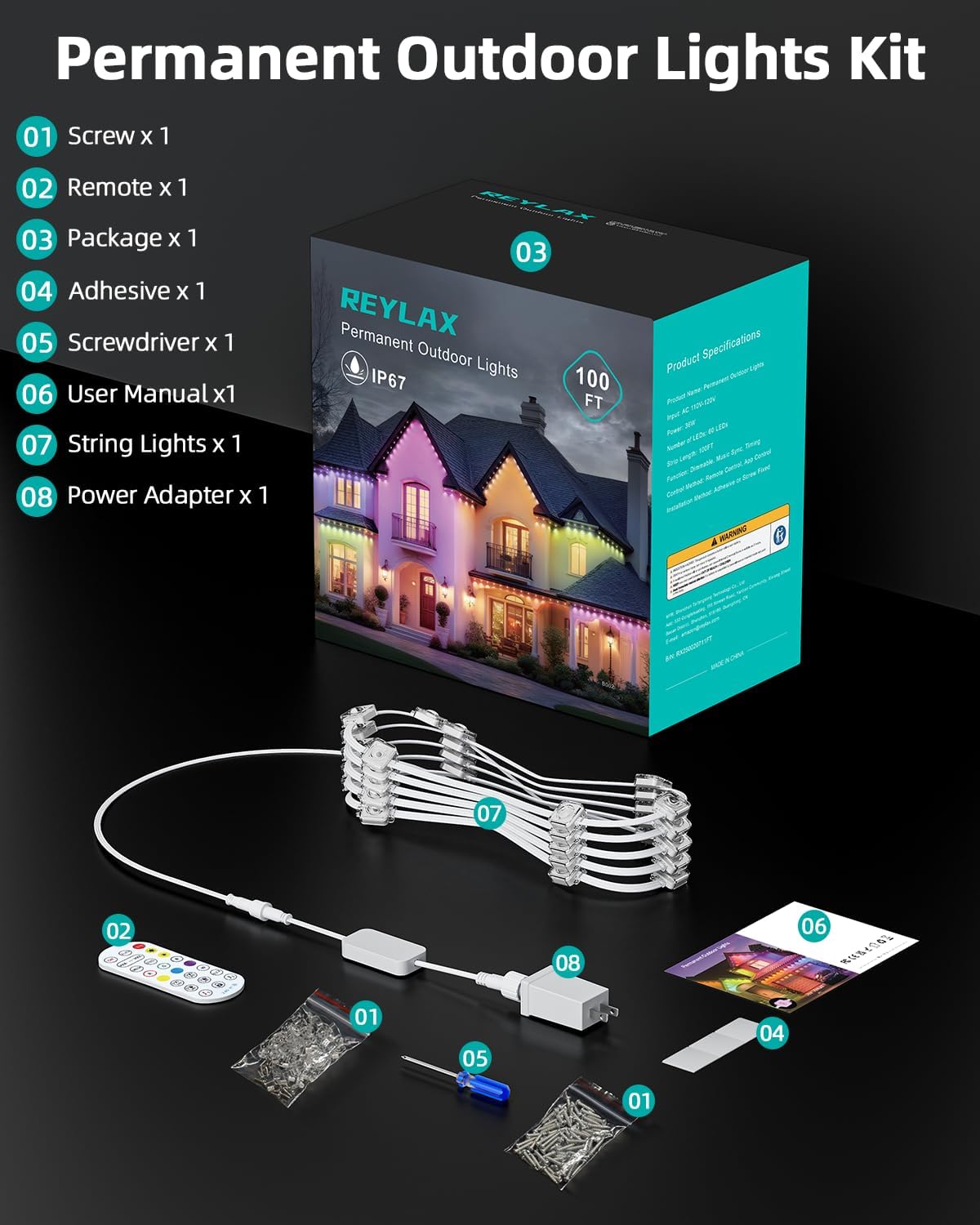 Contents of the REYLAX permanent outdoor lights kit, including screws, remote, package, adhesive, screwdriver, user manual, string lights, and power adapter.