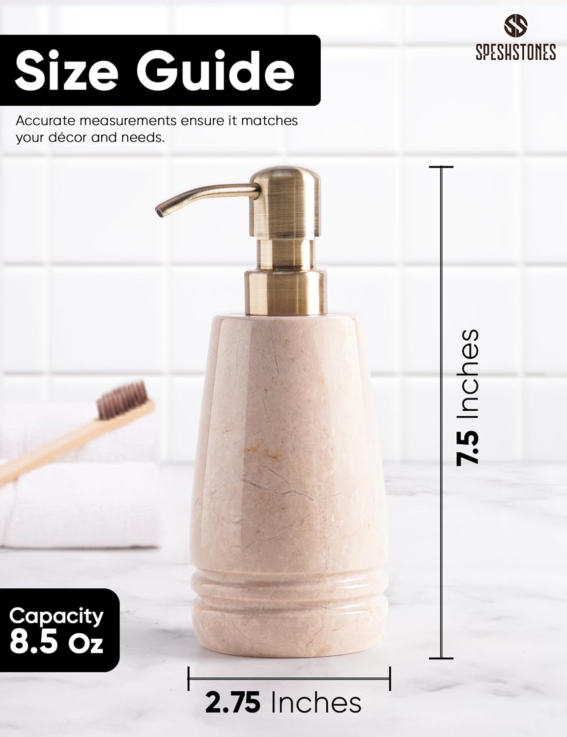 Marble Soap Dispenser 7.5 Inch Beige Dish Soap Dispenser for Kitchen Sink - Liquid Hand Soap, Lotion, Foaming Shampoo Dispenser for Bathroom Decor and Countertop Accessories