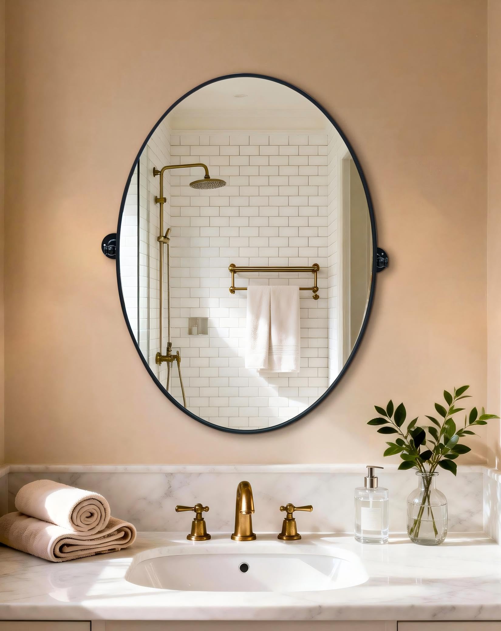 Specchio Angolo Arrotondato Girevole ±9° Telaio in lega di alluminio 50x70cm Nero Ovale