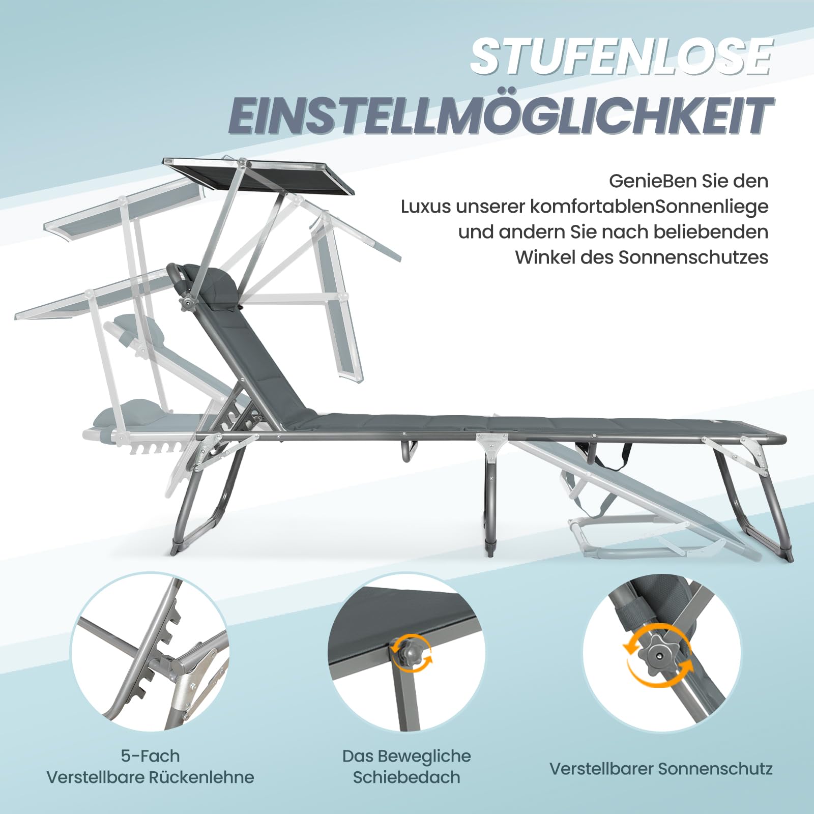 Homecall Sonnenliege Klappbar mit Dach, Kopfstütze, Gepolstert, 200x70 cm | 5-fach verstellbare Rückenlehne, Aluminiumgestell, wetterfest, faltbar, bis 180 kg belastbar, für Garten, Balkon, Terrasse