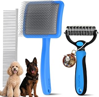 Profi Hundebuerste Set gegen Unterwolle - 3-in-1 Buchenholz Fellpflege Set mit 25mm Zupfbuerste, Entfilzungsstriegel und Kamm Fuer Langhaar, Schaeferhund & Pudel. Blau