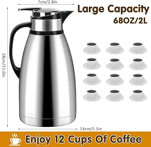 Miniatura 2 de Jarra térmica de café de 68 onzas, jarra térmica de acero inoxidable de 2 litros, servidor de café aislado de doble pared, dispensador de café