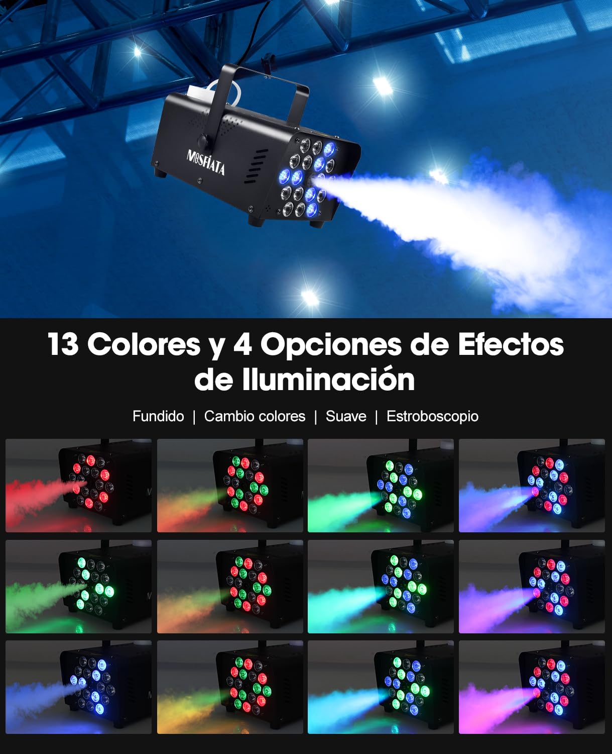 MOSFiATA Macchina del fumo 600W Potente, Generatore di fumo portatile con LED RGB 18 colori, Telecomando incluso – Ideale per feste, discoteche, serate, Halloween, matrimoni ed eventi