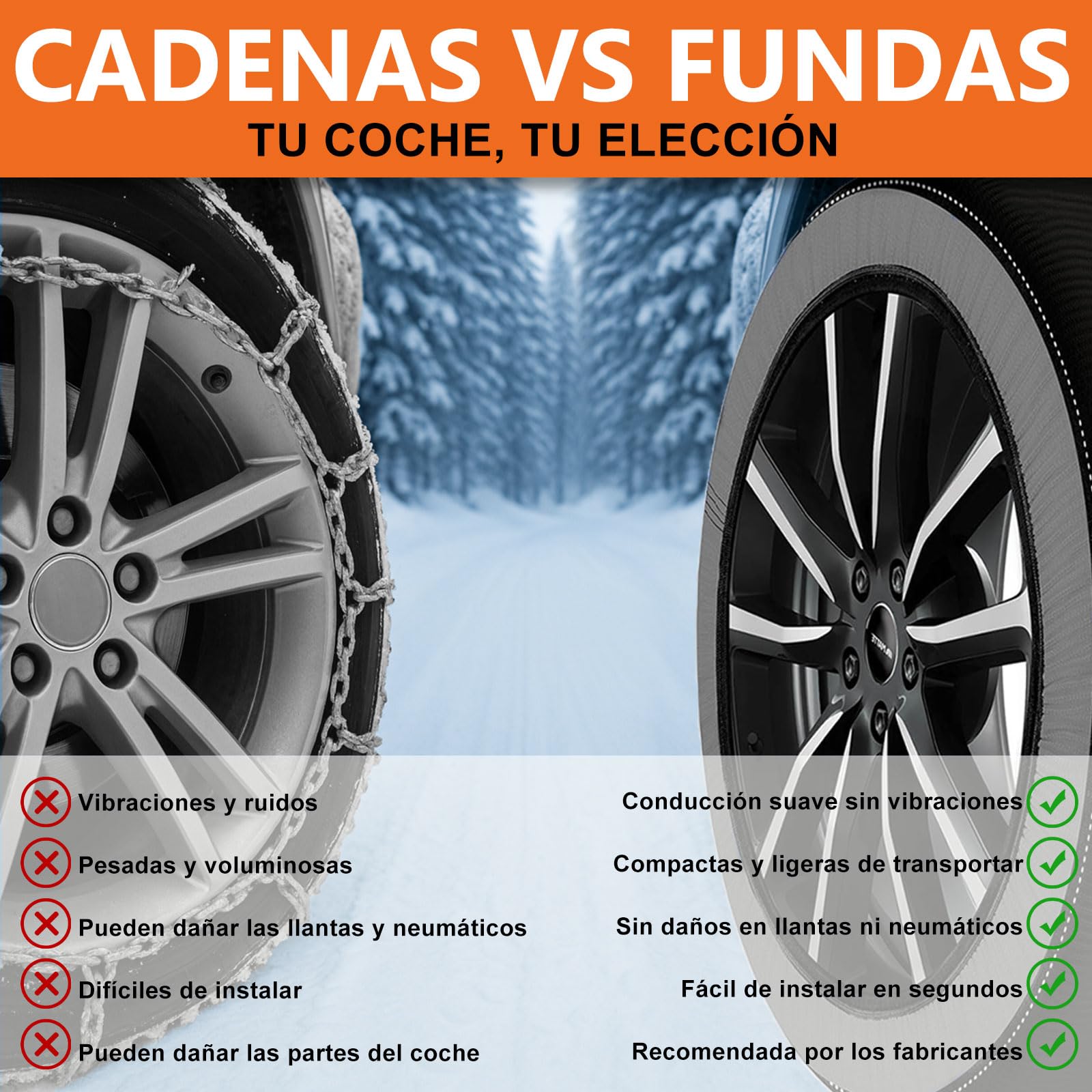 Cadenas de Nieve Textiles (Pack de 2) - Fundas de Nieve para Coche Talla L | Homologación Europea EN16662-1 (V5117) | Montaje Ultra Rápido en 2 Minutos, Sin Vibraciones ni Ruido (Negro, L)