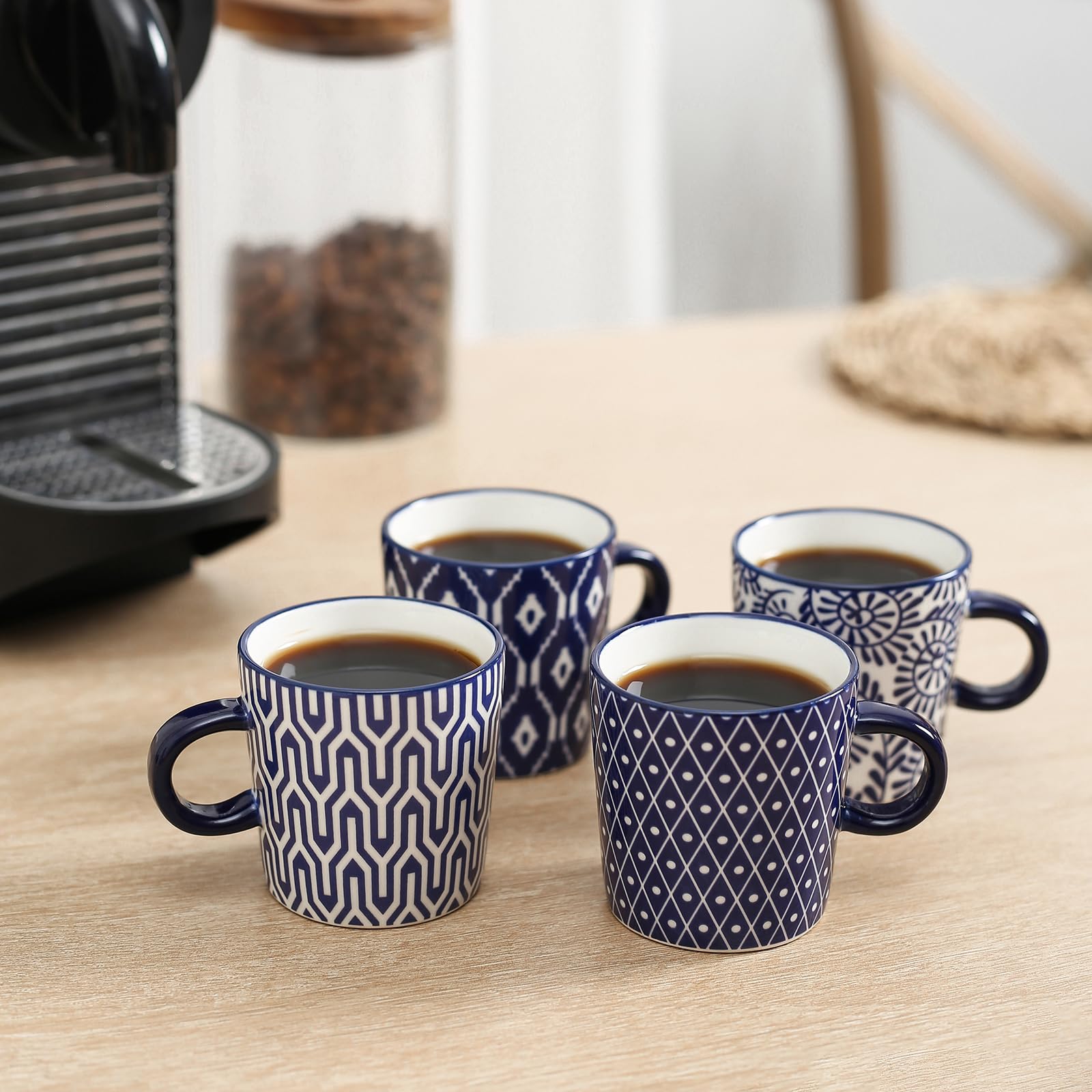 Selamica Espressotassen aus Keramik, 4er-Set, 142 ml, Espressotassen, Porzellan, Cappuccinotassen, Demitasse-Tassen für Kaffee, Latte, Lungo, Tee, Vintage-Blau