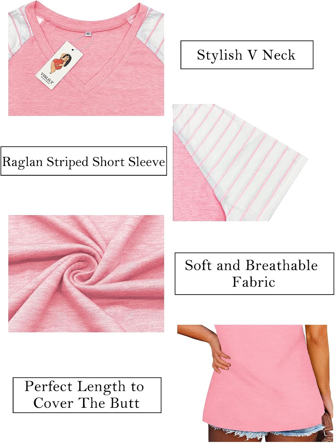 VISLILY Women's-Plus-Size-Tops V Neck Striped Raglan T Shirts Summer Short Sleeve Tee - Image 3