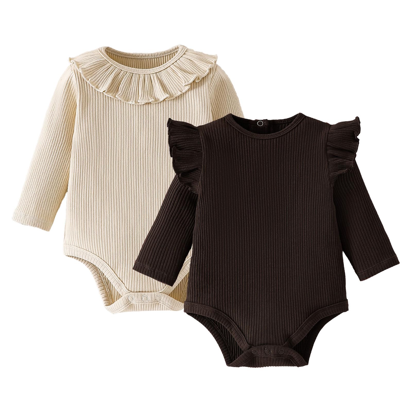 Baby Girl Bodysuit 2 Pack, Long Sleeve Ribbed Knitted Onsies Ruffle Collar and Flutter Sleeve Fall Winter Clothes