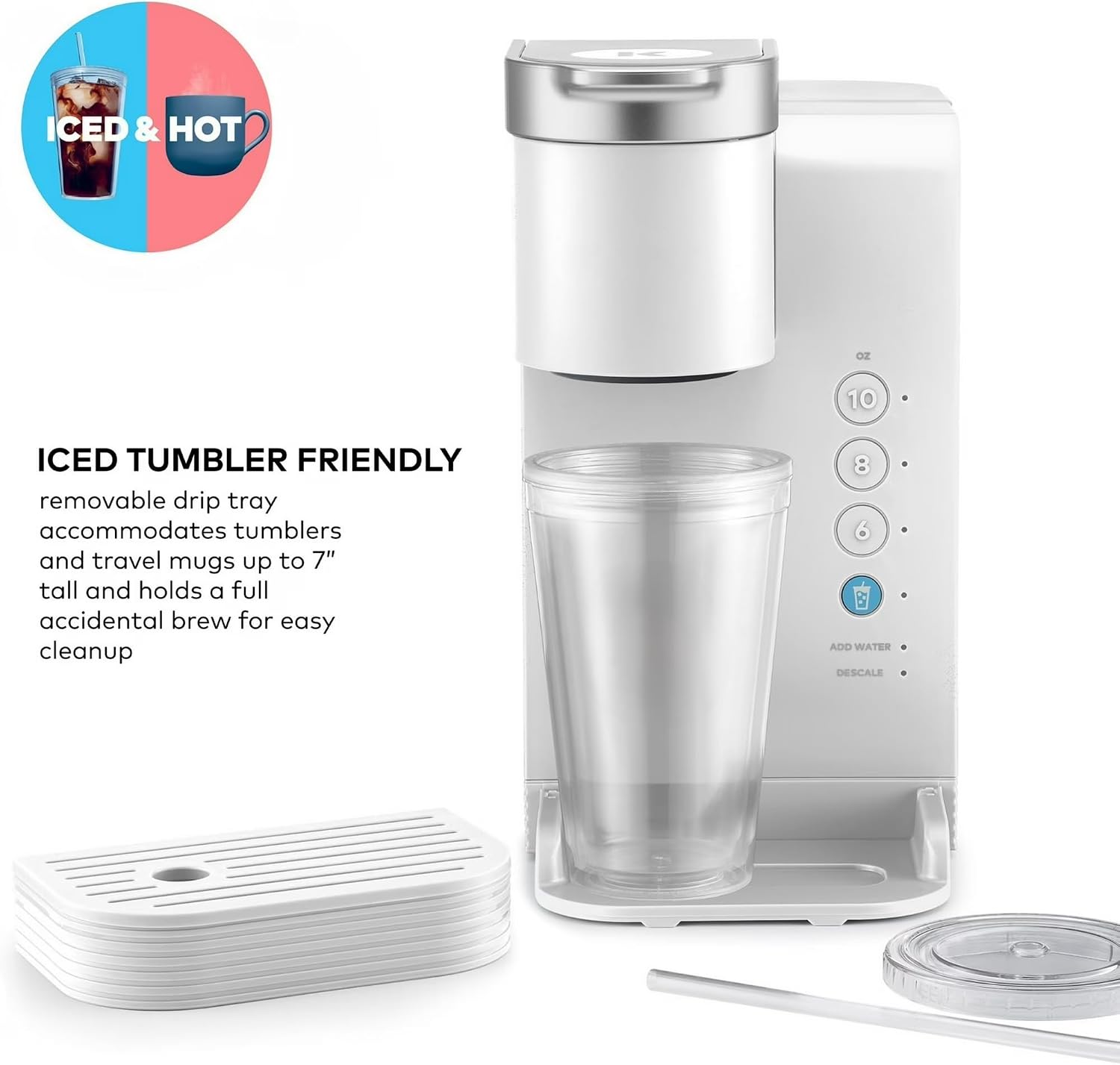 K-Express Essentials Iced and Hot Single Serve Coffee Maker, Brew Over Ice Button, 36oz Reservoir, KCup Pod Compatible, Auto Off (White) NEEDS CLEANING