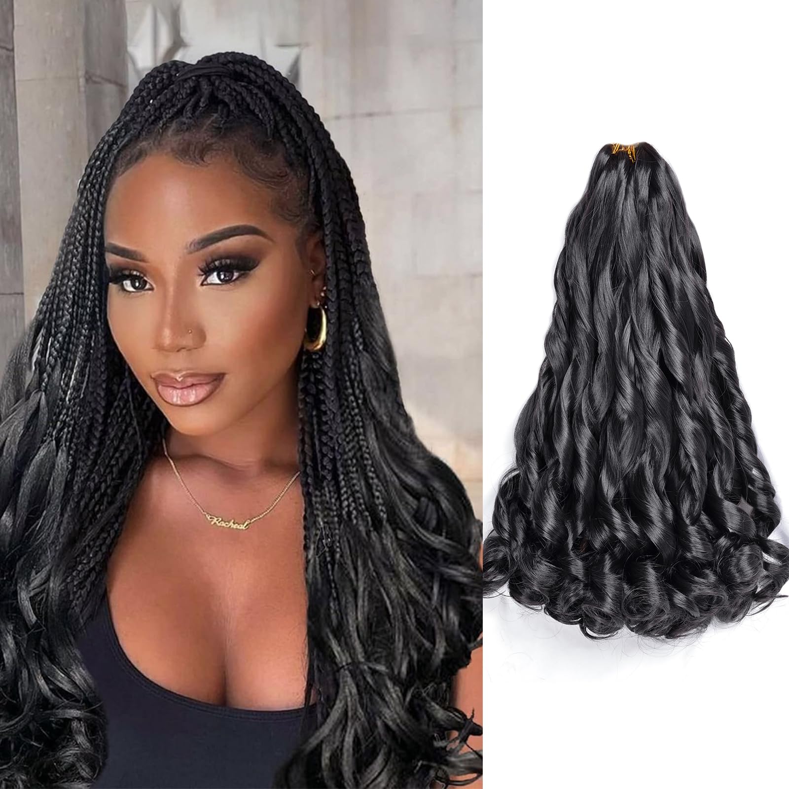 Vitorish French Curl Braiding Hair 16 Inch 75g/Pack Crochet Hair for Black Women 8 Packs Black Loose Wavy Pre Stretched Braiding Hair Synthetic Hair