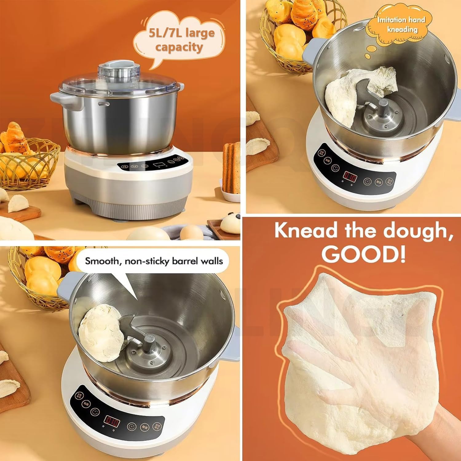Impastatrice, Impastatrice con Funzione di Fermentazione, capacità di Impasto 5L/7L in Acciaio Inox, Impastatrice per Farina con Timer, con Misurini E Cucchiai,5L