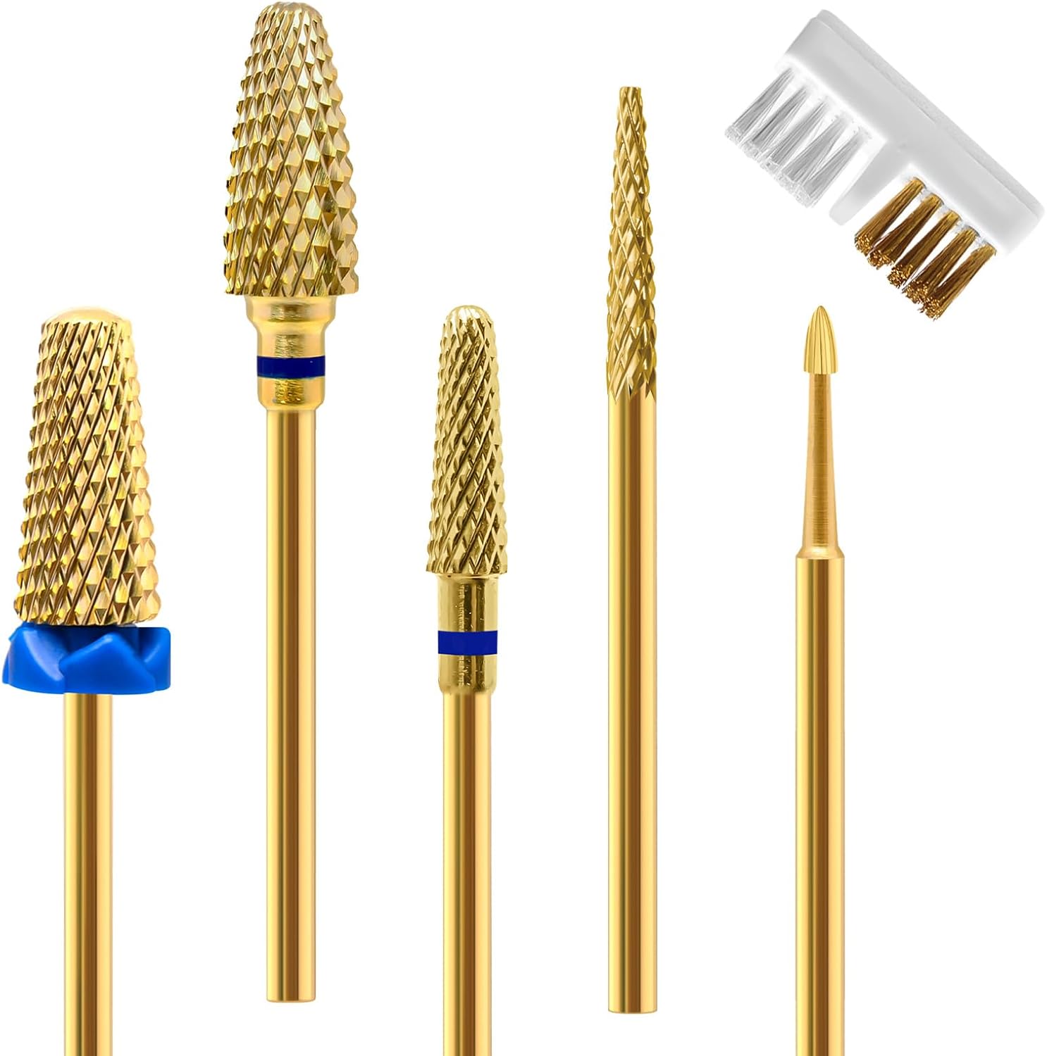 CGBE Nail Cutter Attachments, 5pcs Gold Nail Milling Bits Removal Gel Acrylic Cuticle 3/32 Inch Tungsten Carbide Nail Cutter Bits for Nail Preparation Set A