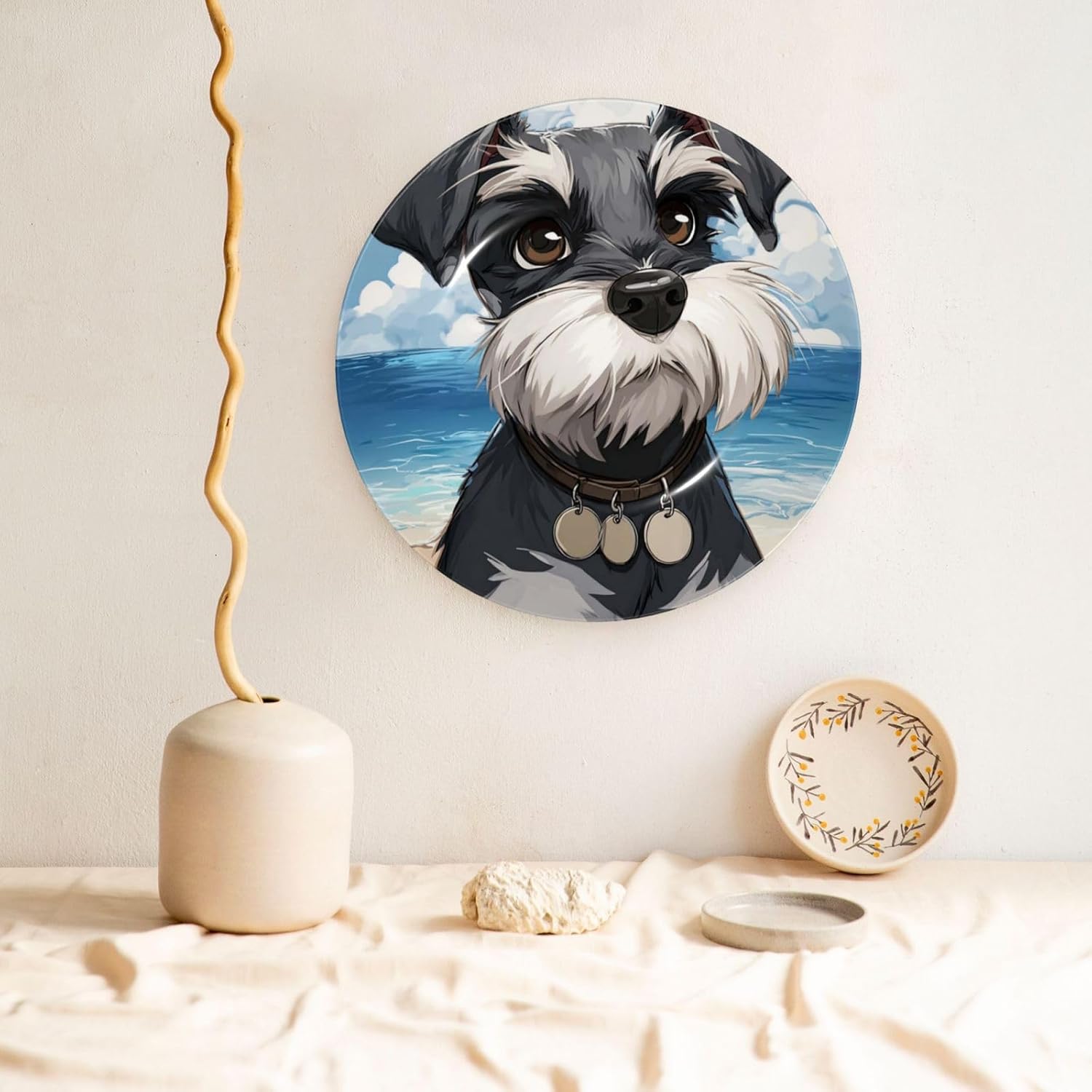 Bone China Decorative Plate with Display adorable schnauzer Ceramic Plates Crafts Art Decor Dessert Plate Ceramic Ornament Porcelain Plates for Living Room Kitchen Table Home Decor