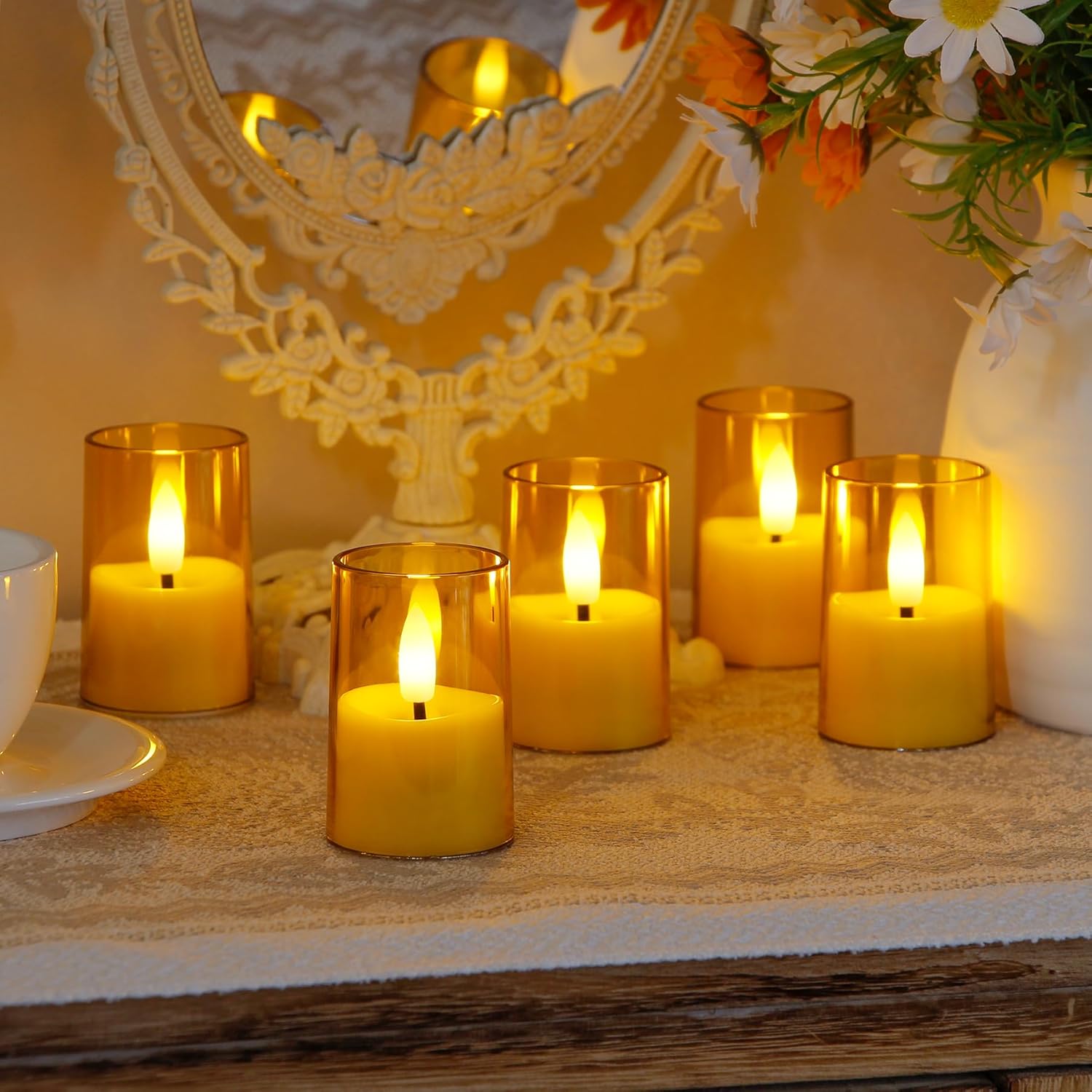 Flameless Small Tea Light LED Candles, Acrylic Battery Operated Votive 1.7" x2.5" with Remote Control and Timer, Tealight Amber Flickering Warm Light Pack of 8 Electric Long Lasting - Image 2