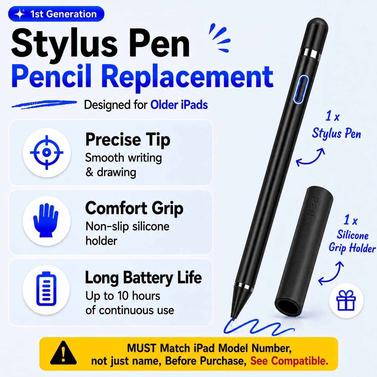 Lápiz capacitivo de 1ª generación de repuesto compatible con Apple iPad Pro 1ª y 2ª iPad 6ª y 7ª iPad Mini 5ª generación y iOS Android pantalla táctil capacitiva (negro)