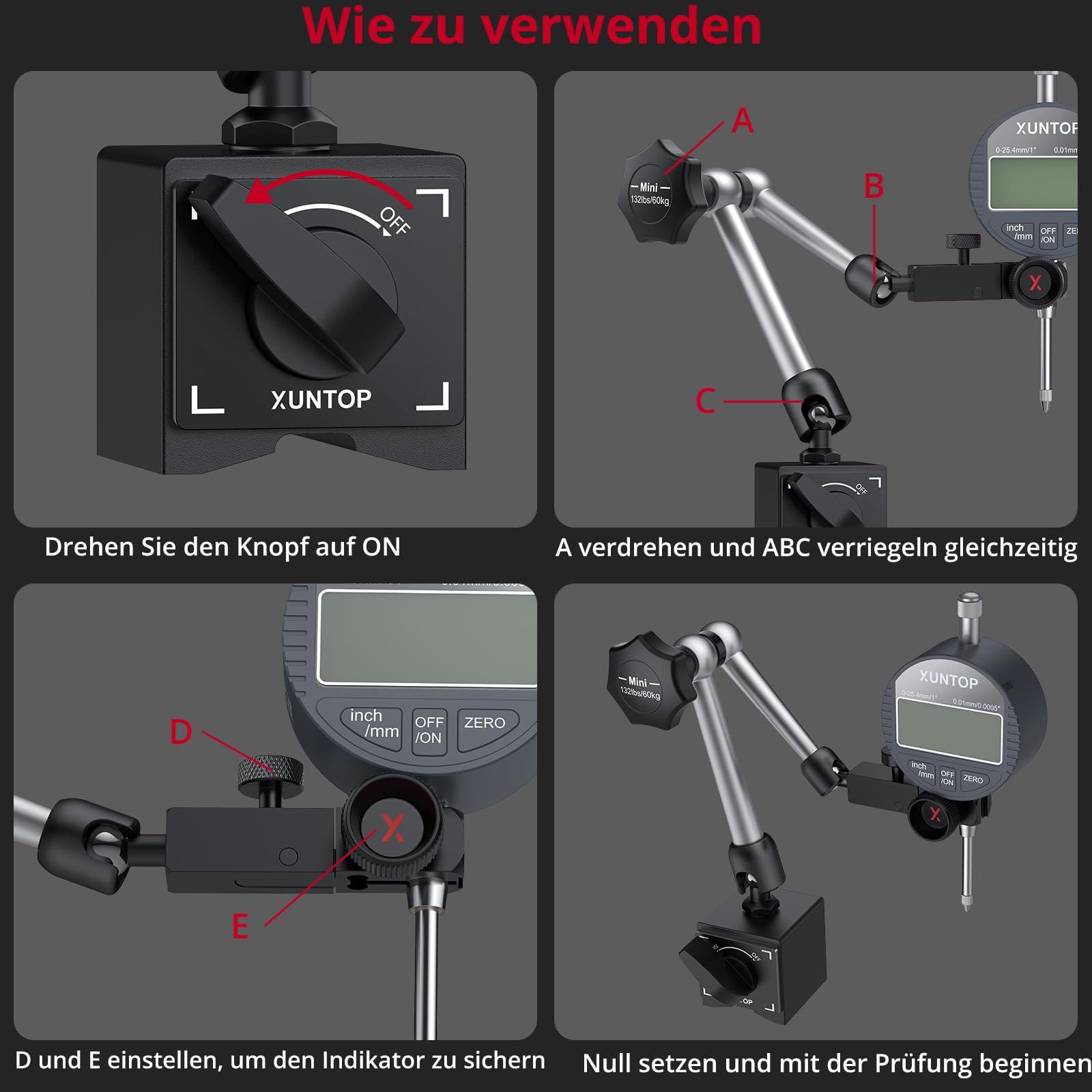 XUNTOP Digitale Messuhr mit Magnetfuß Präzisionsmessung 0,01 mm,132lbs/60kg Auto-Nullfunktion, 0-25,4 mm Messbereich, Ideal für Werkstatt, Maschinenbau und Automobilgebrauch