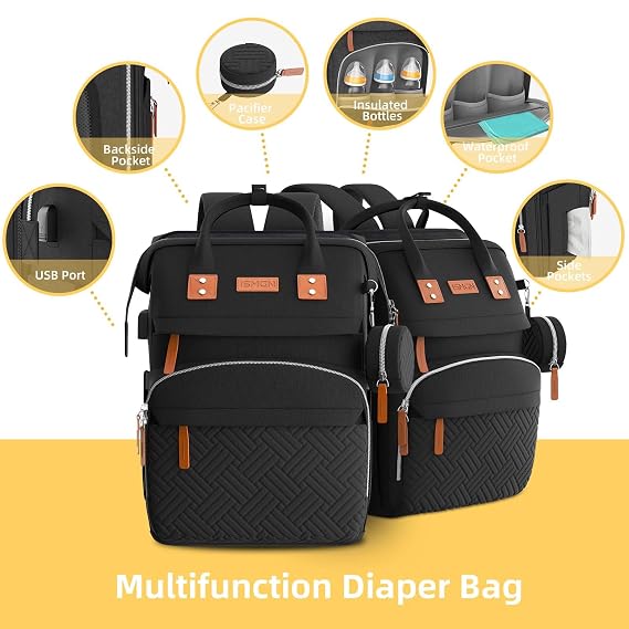 ISMGN Diaper Bag Backpack with Changing Station, Large Diaper Bag, Baby Bag, Multifunctional Diaper Bag, Black