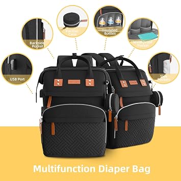 ISMGN Diaper Bag Backpack with Changing Station, Large Diaper Bag, Baby Bag, Multifunctional Diaper Bag, Black