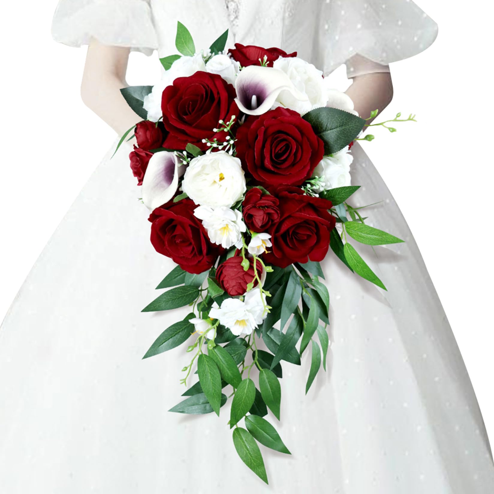Xoeryoy Wedding Bouquets for Bride, White Wine Red Calla Lily and Rose Wedding Bouquet, Artificial Rustic Waterfall Cascading Bouquet for Ceremony & Anniversary