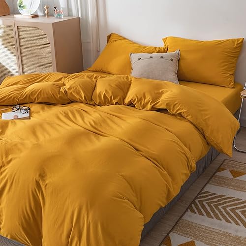 Miniatura 2 de MWL Toy Funda de edredón tamaño King (104 x 90 pulgadas), funda de edredón de algodón de punto jersey King (amarillo mostaza)
