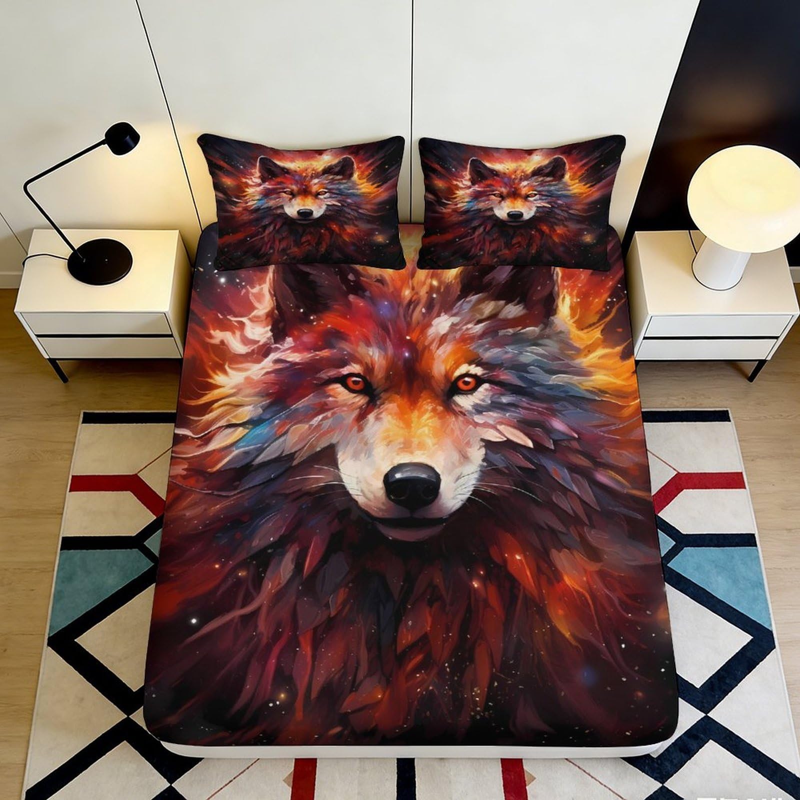 3D Printed Fiery Wolf Fitted Sheet Microfiber Soft Breathable Wild Forest Mattress Cover for Bedroom Dorm Decor 90x200x25cm