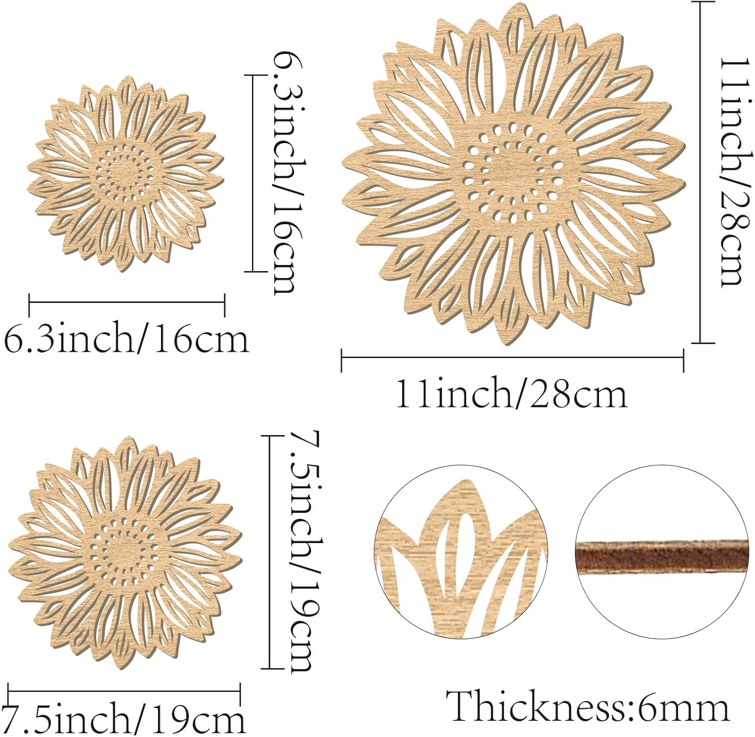 CREATCABIN 3Pcs Flowers Wood Wall Decor Wooden Sunflower Wall Art Decoration Hanging Set Hollowing Out Round Flower Sculpture Laser Cut Wooden Sign Ornament for Home Bedroom Gallery Office